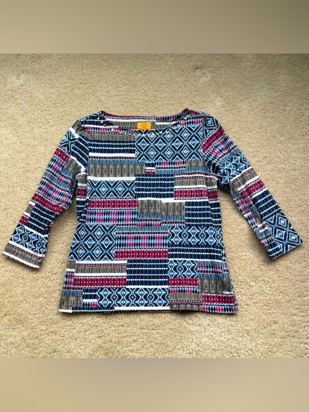 Ruby Rd. Blue Geometric Print 3/4 Sleeve Top - Size S Petite - EUC - Stretch